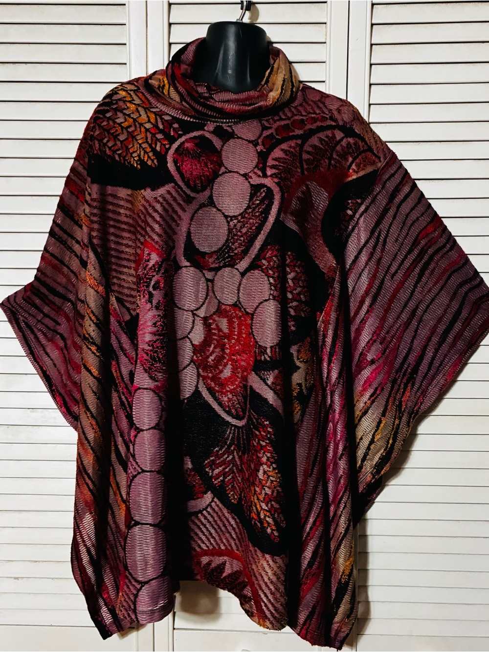 Womens Multicolor Knit Poncho Sweater in Burgundy and Pink Tones